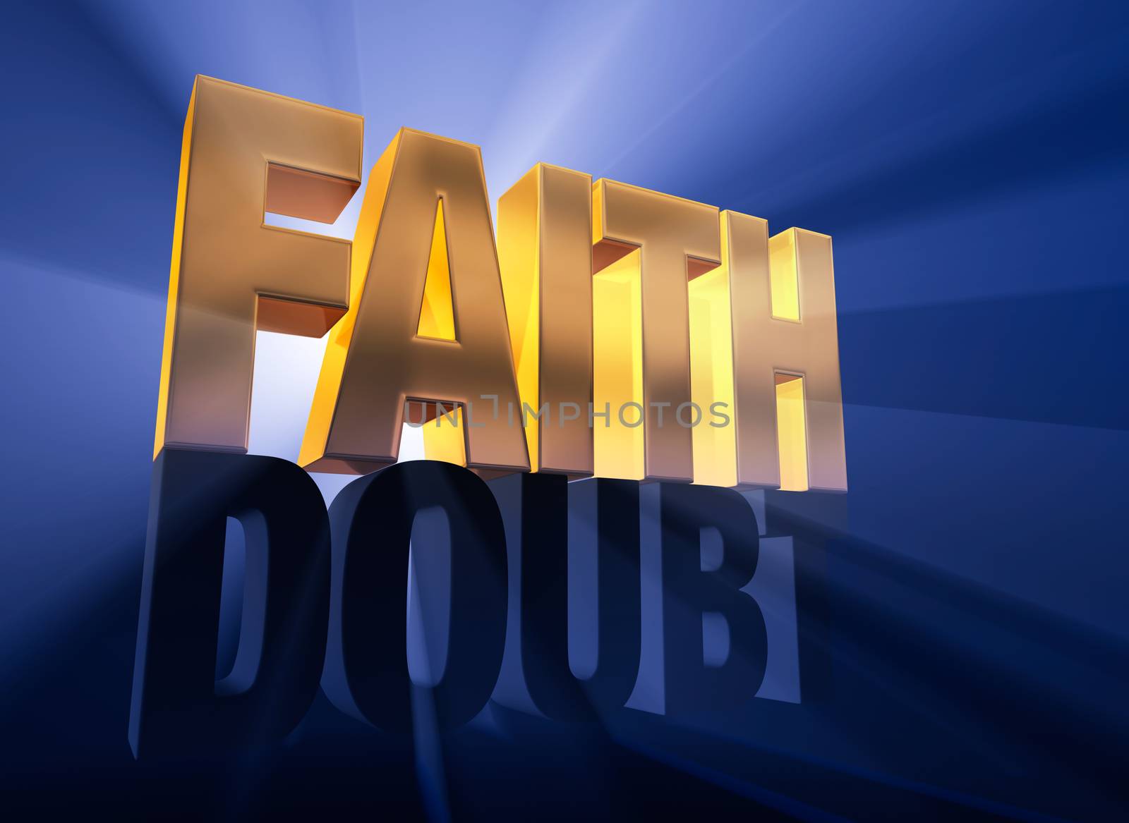 A shiny, gold "FAITH" sits atop a dark gray "DOUBT" on a deep blue background brilliantly back lit with light rays shining through both words.
