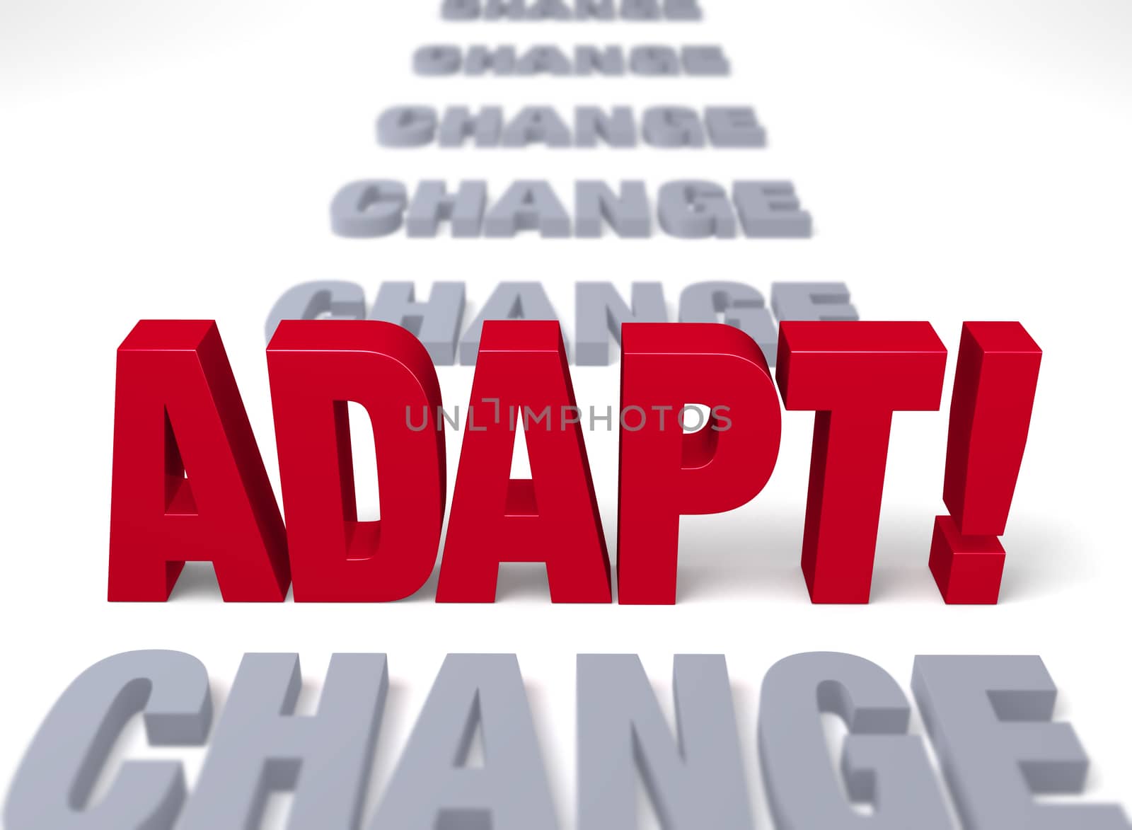 A shiny, red "ADAPT!" stands up in a row of plain gray "CHANGE" receding into the background. Focus is on "ADAPT!".  Isolated on white.