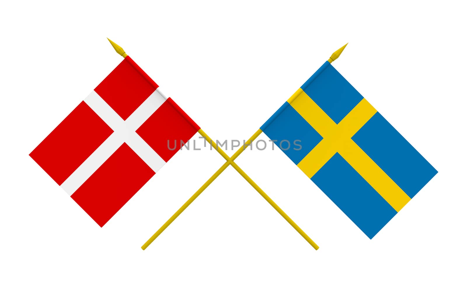 Flags of Denmark and Sweden, 3d render, isolated on white
