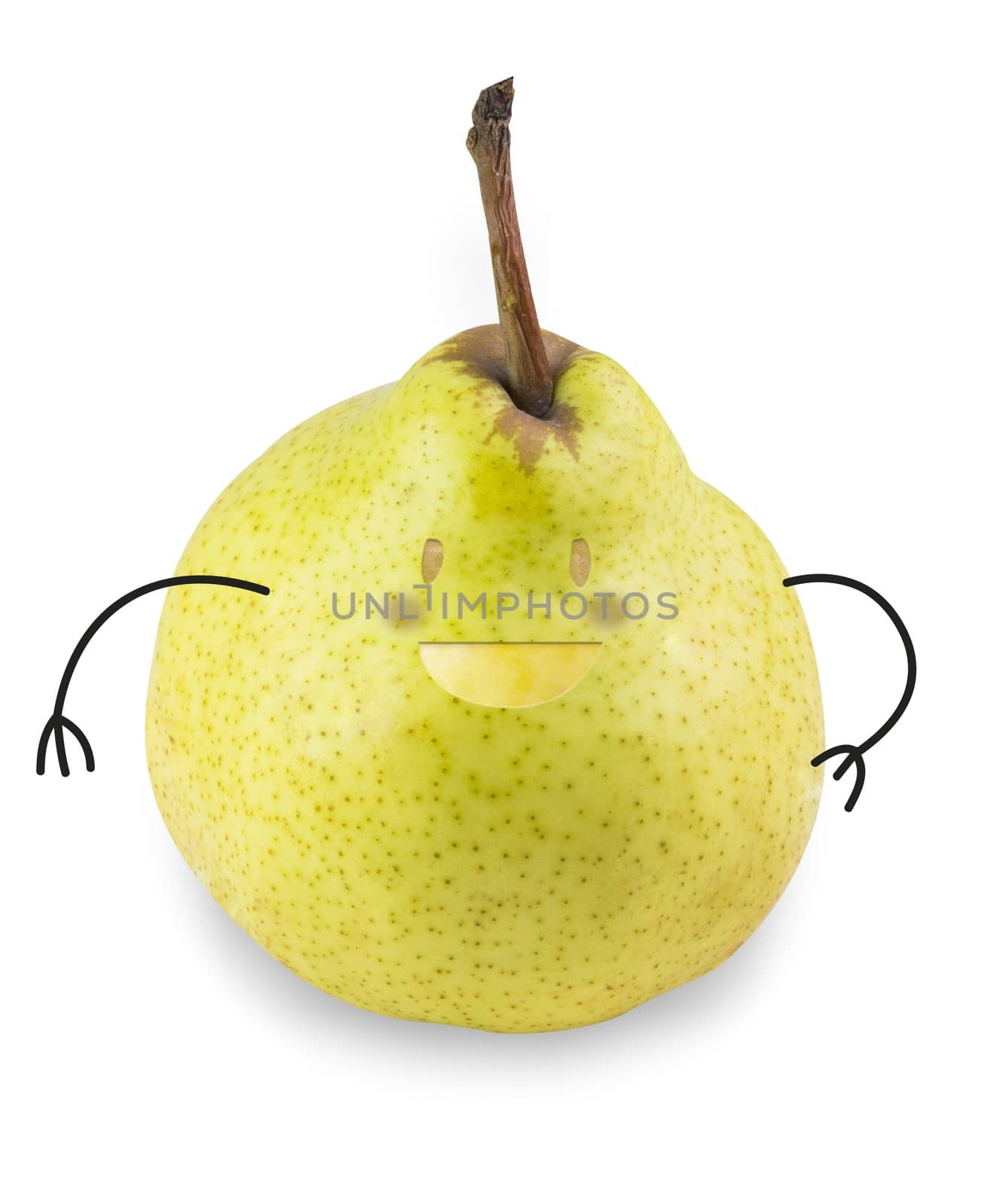 Illustration/photography of a cute smiling character pear.