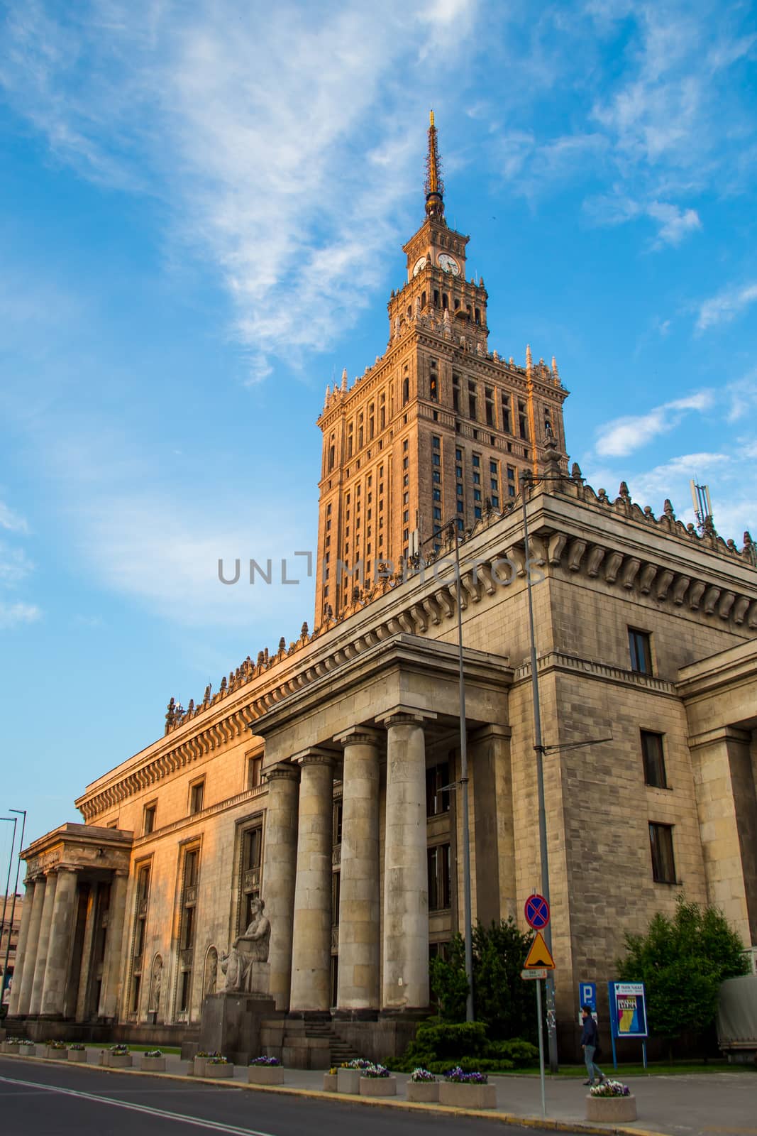 Palace of Culture and Science in city downtown of Warsaw, Poland. Monumental polish skyscraper. Historical architecture, socialism symbol.