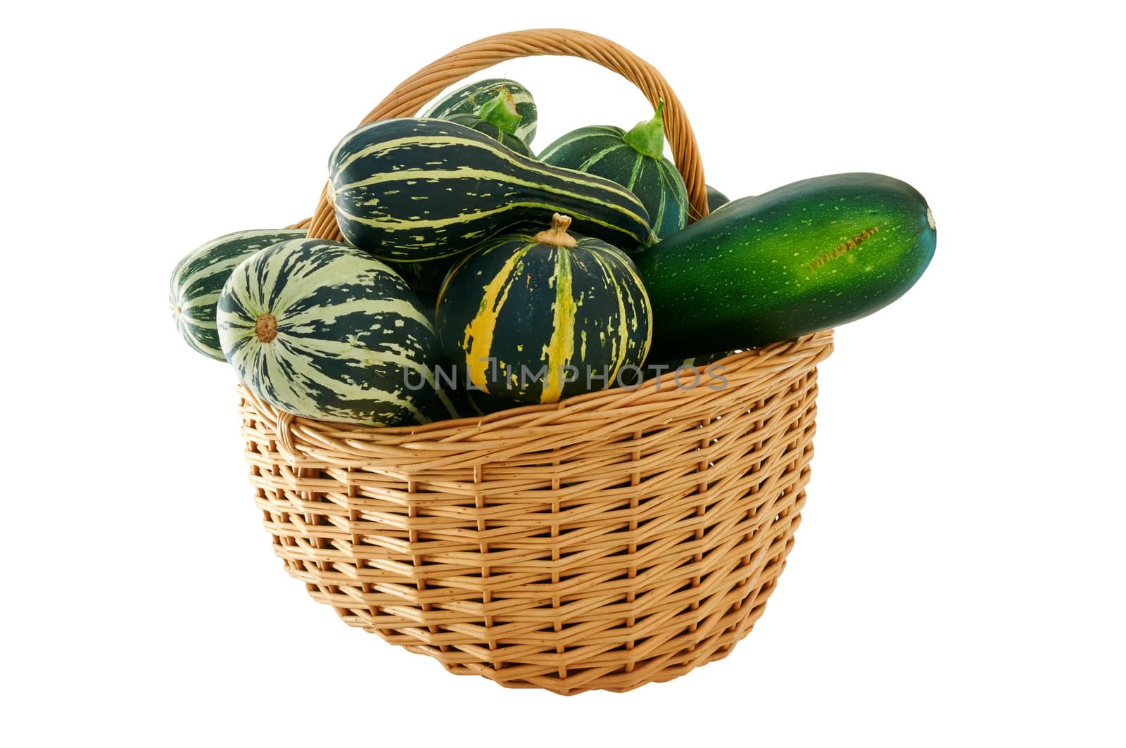 Wicker basket full of assorted courgettes
