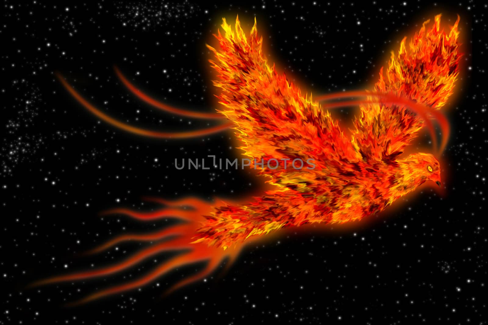 An art of a mythological bird known as phoenix, a bird on fire flying in space background.