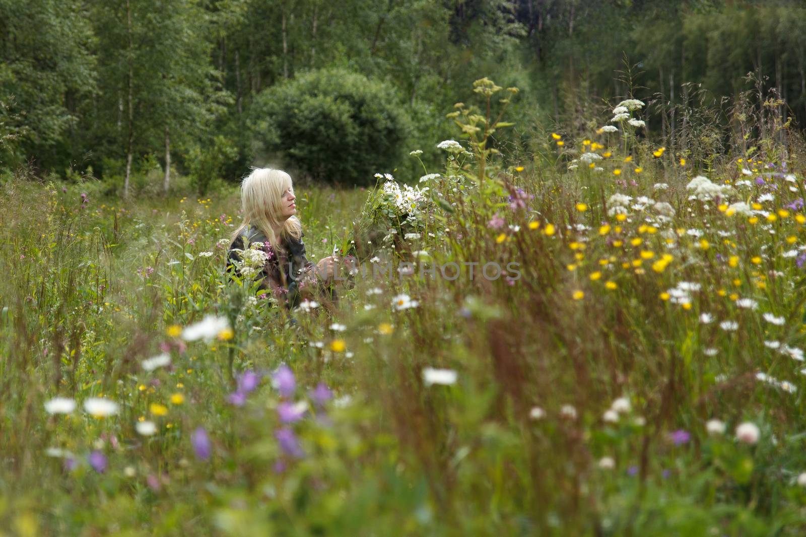 A blond woman collecting flowers in a flower field