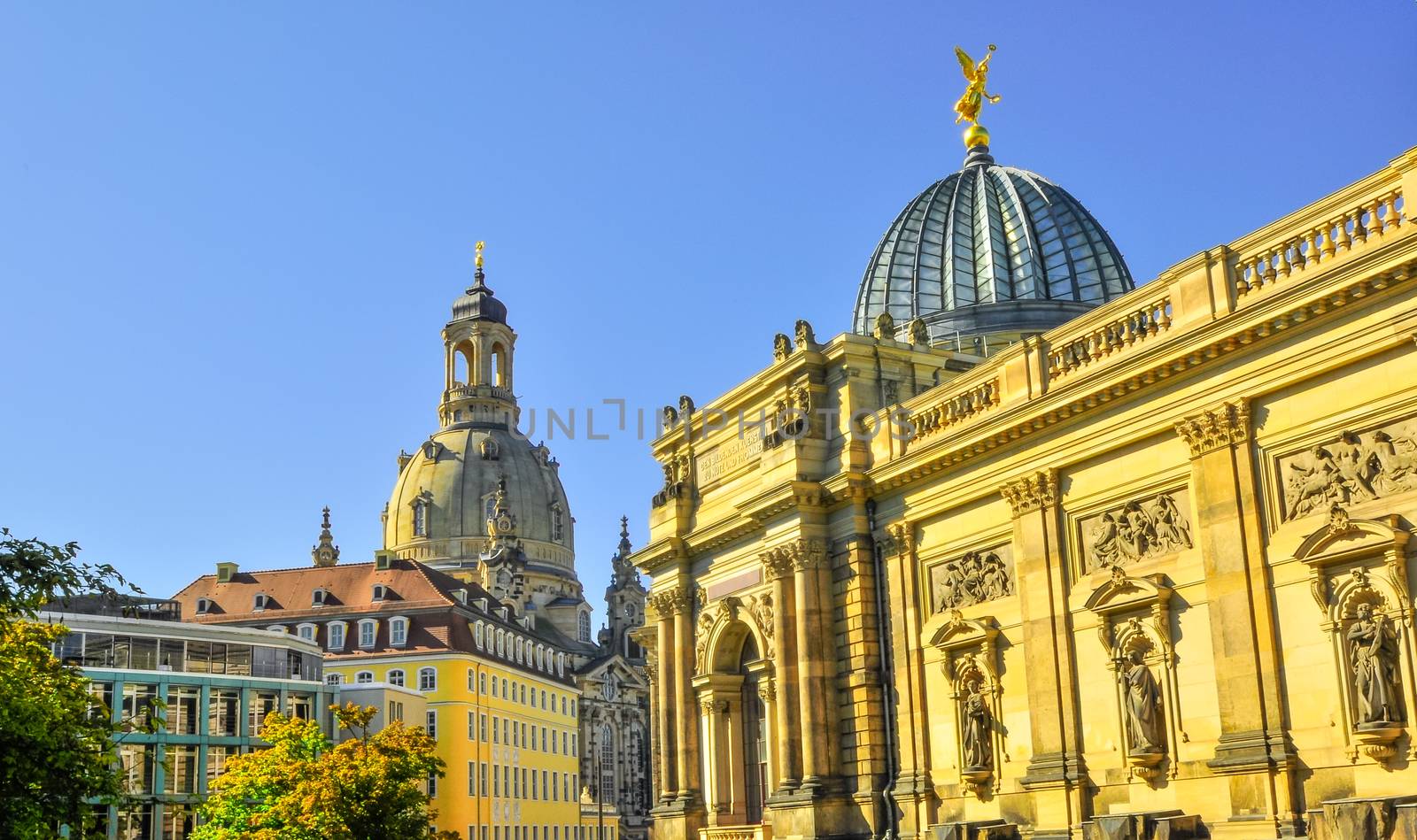 Church Frauenkirche couple in Dresden Germany on a sunny day with blue