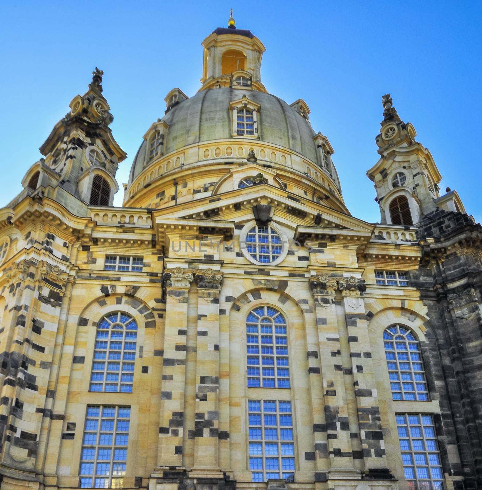Church Frauenkirche front in Dresden Germany on a sunny day with blue
