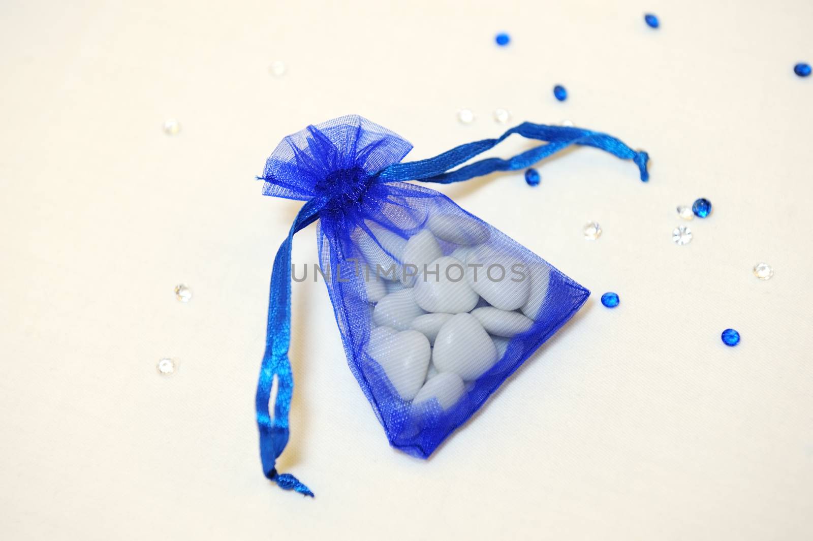 Blue bag of heart shape candy