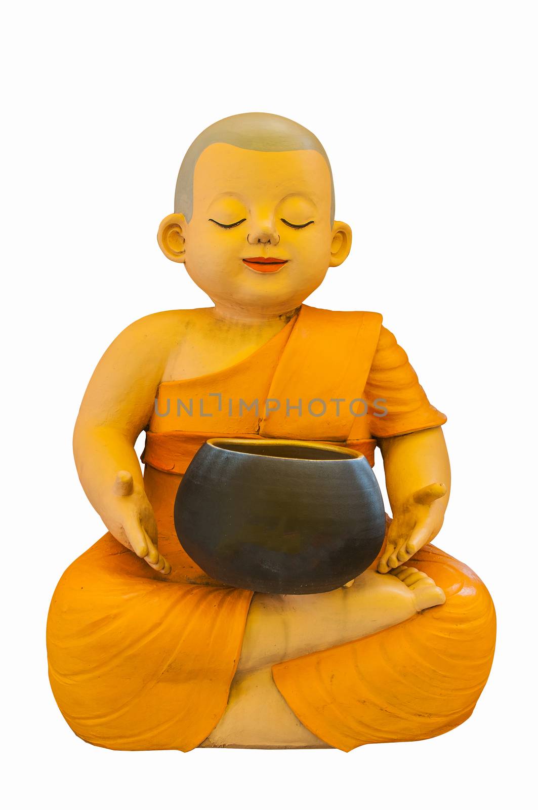 Earthenware of child monk on white background