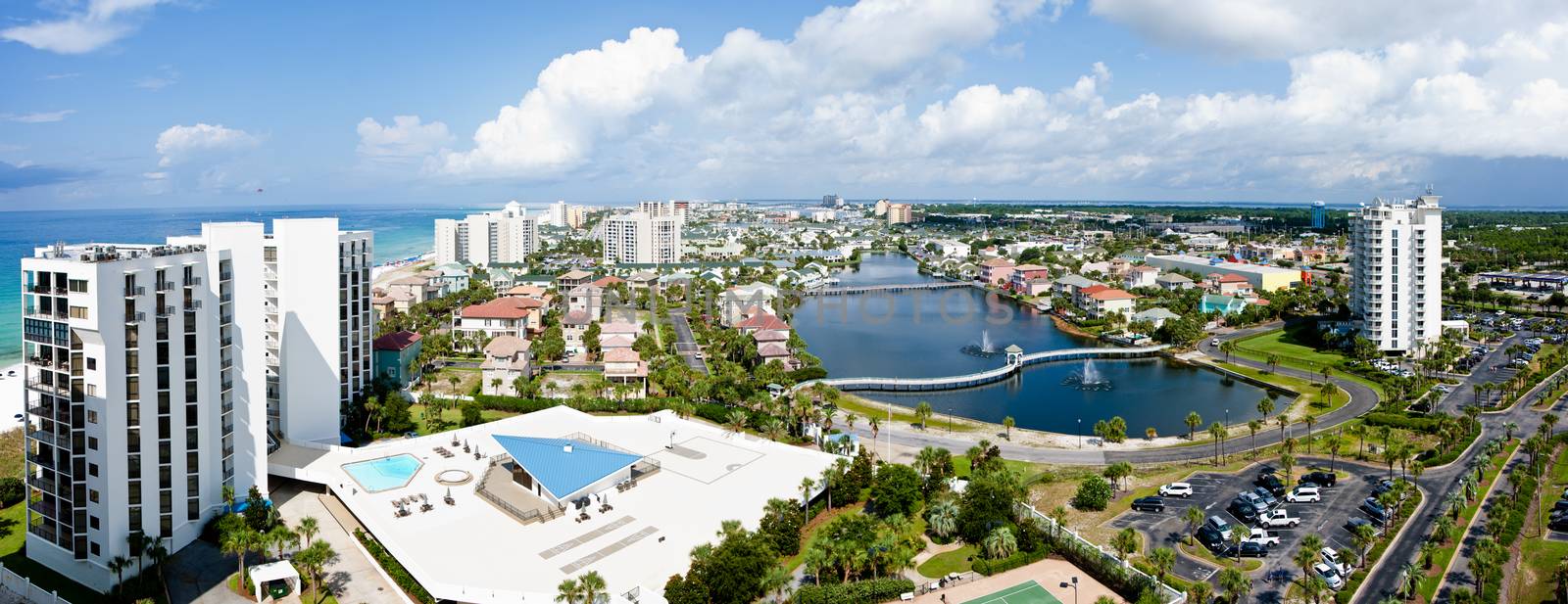 Destin, FL, USA - July 24 2014: Panorama of touristic Destin on the Emerald coast of Florida.