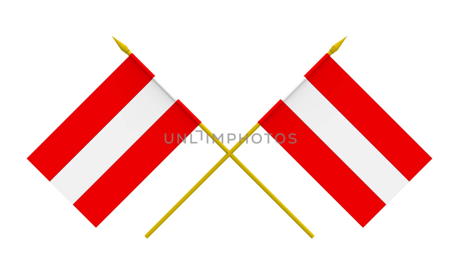 Two crossed flags of Austria, 3d render, isolated on white
