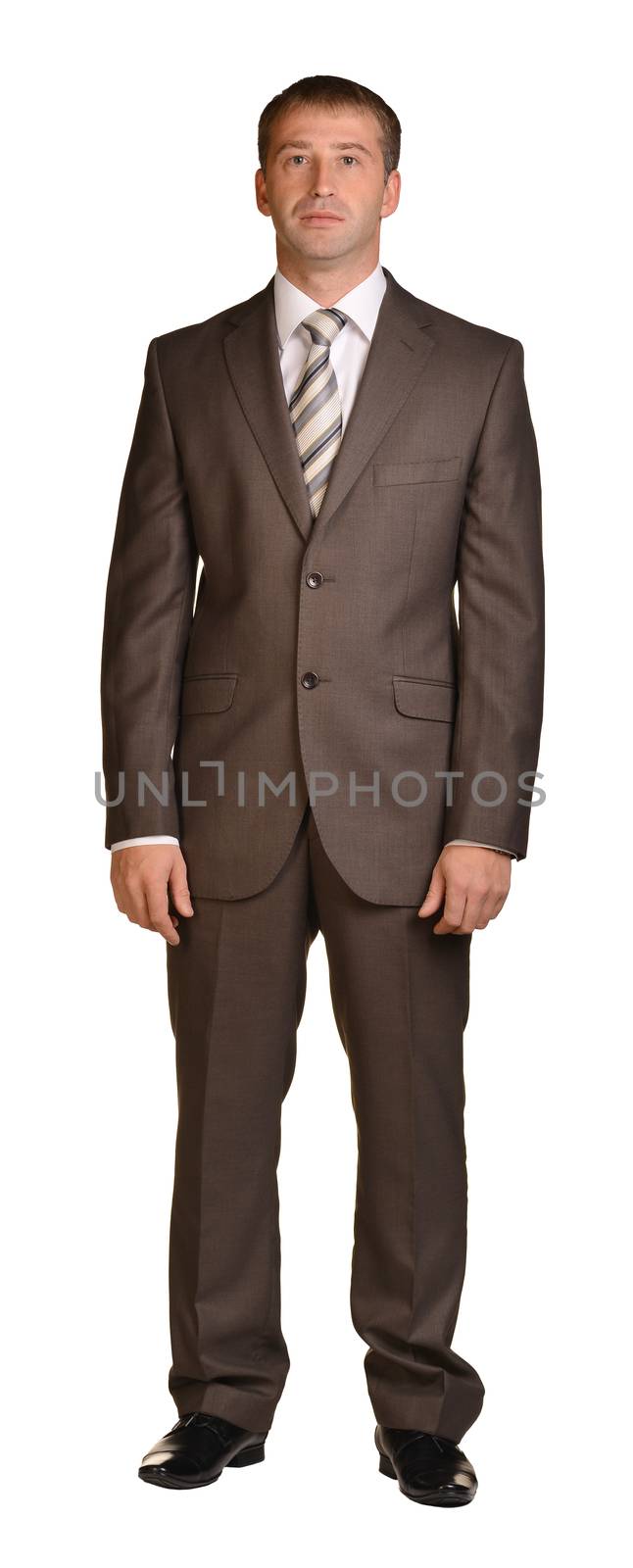 Portrait of businessman dressed in formal suit. Isolated white background