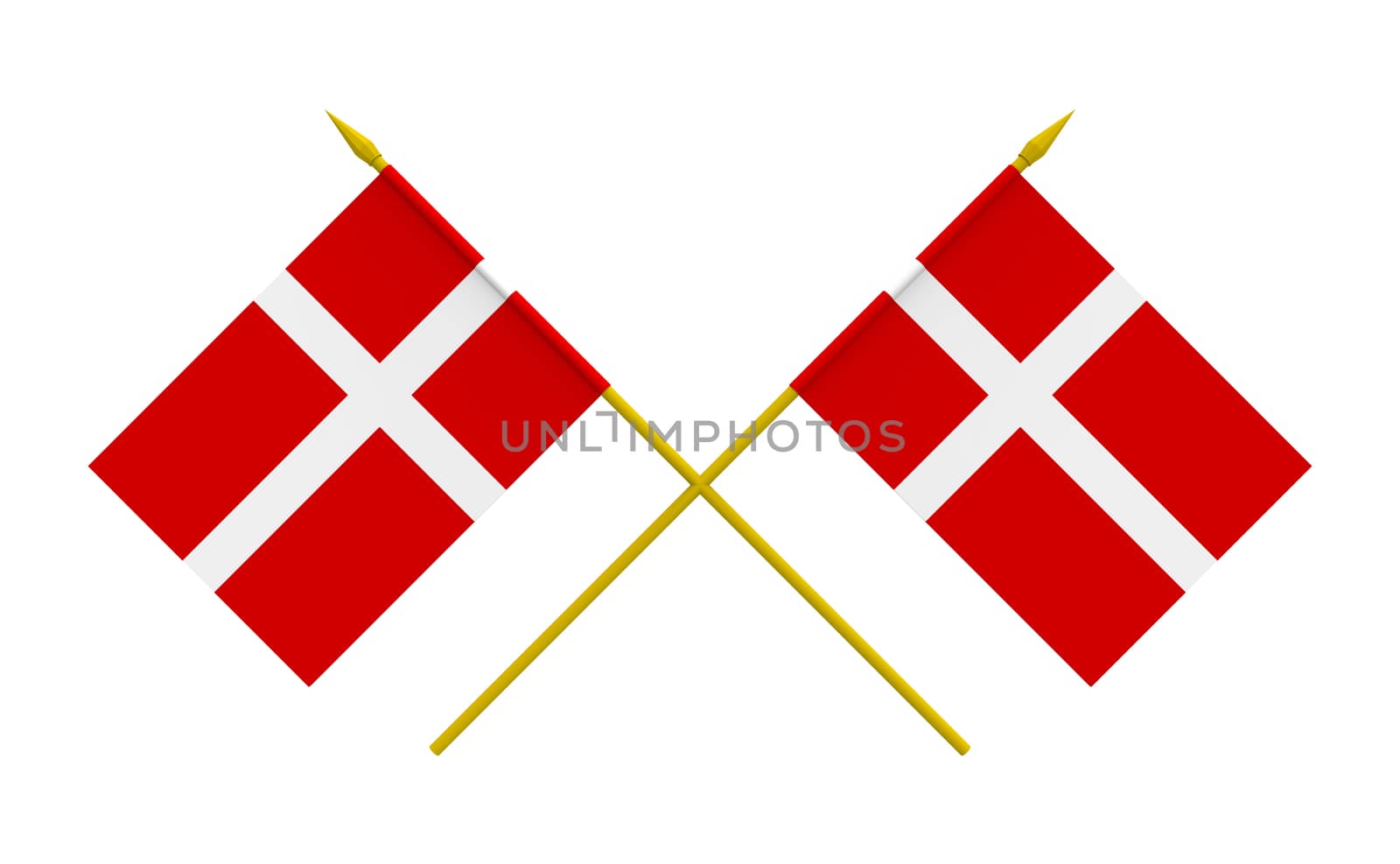 Two crossed flags of Denmark, 3d render, isolated on white