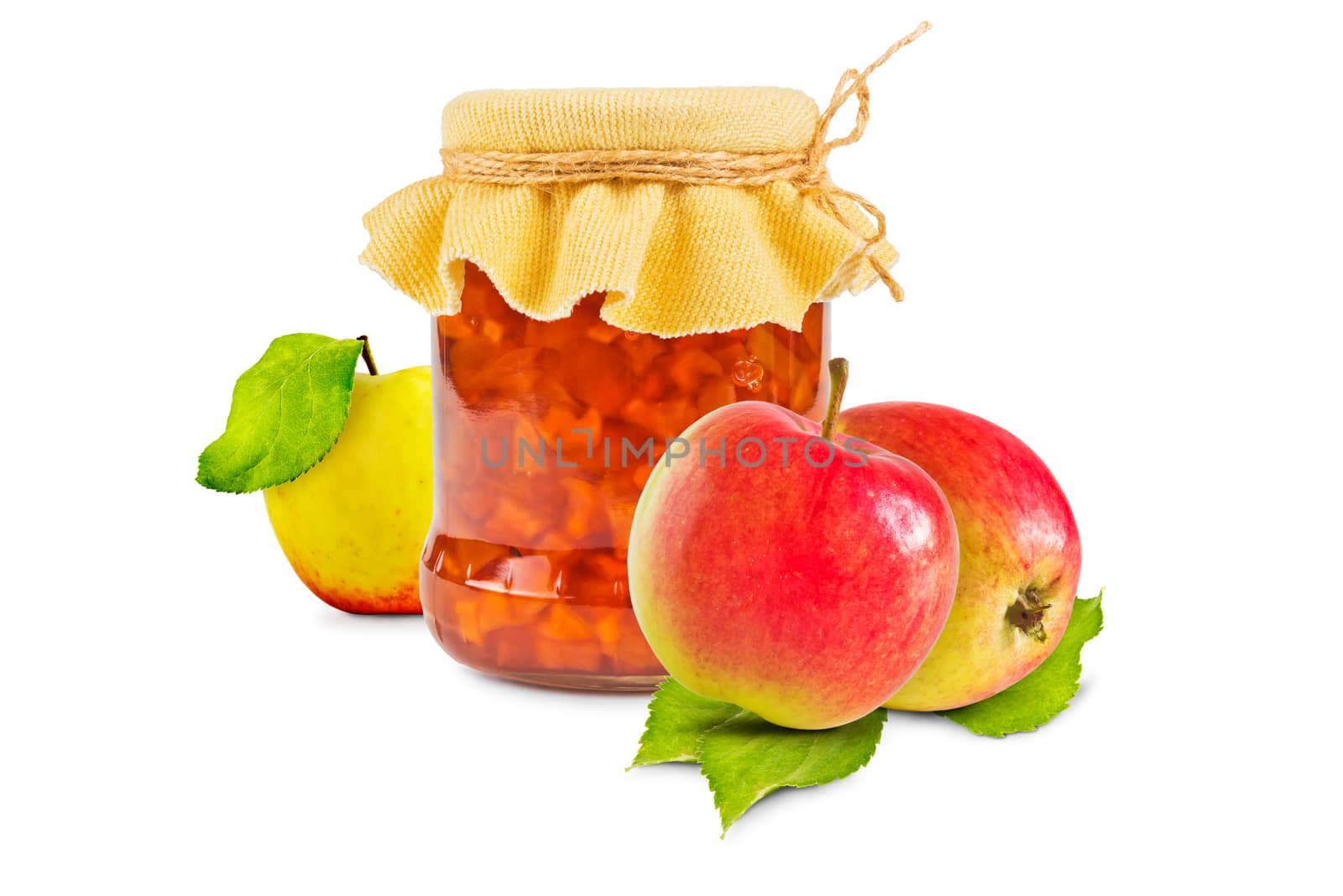 Glass jar with apple jam and three fresh apples on white background