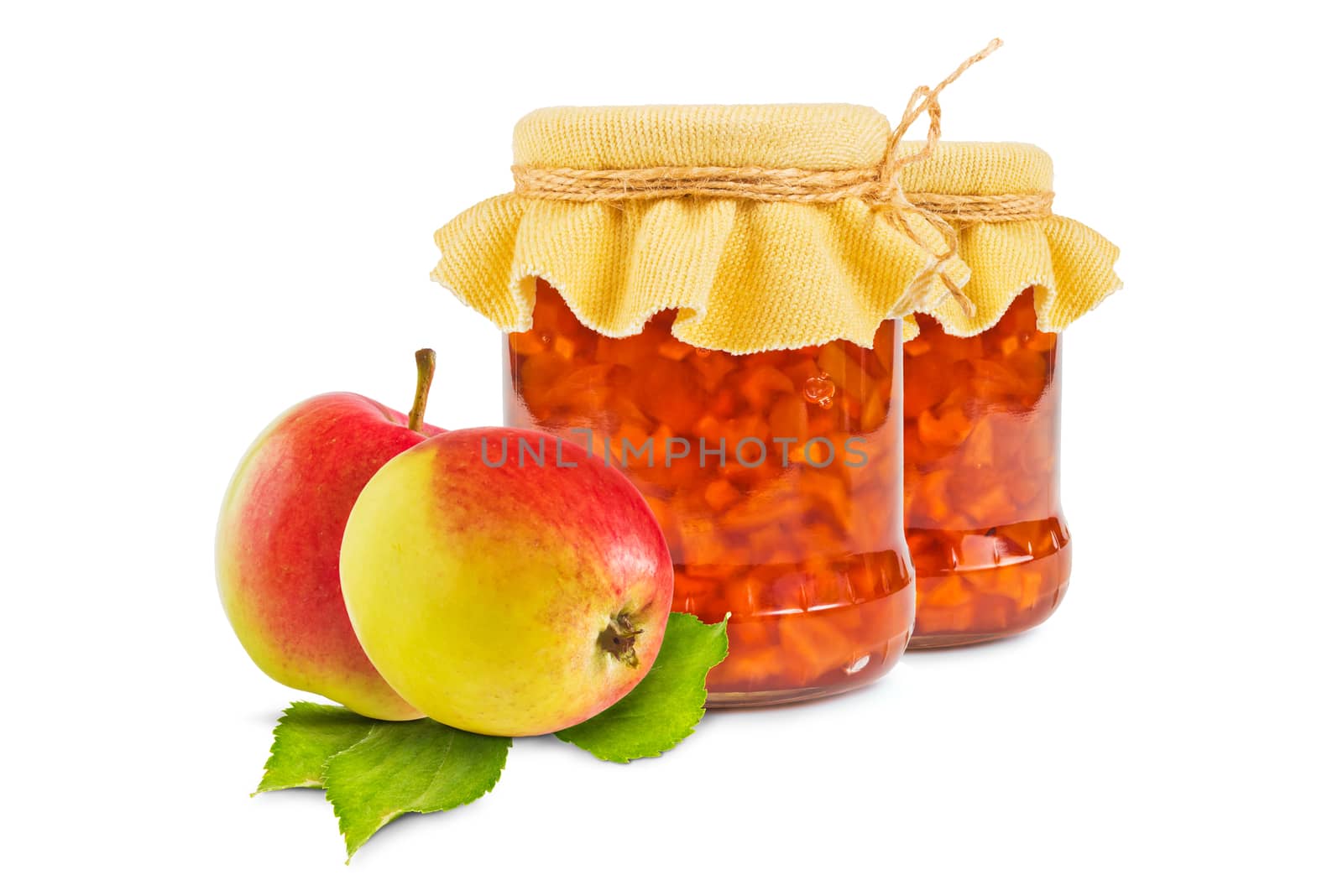 Two Glass jar with apple jam and two fresh apples on white background