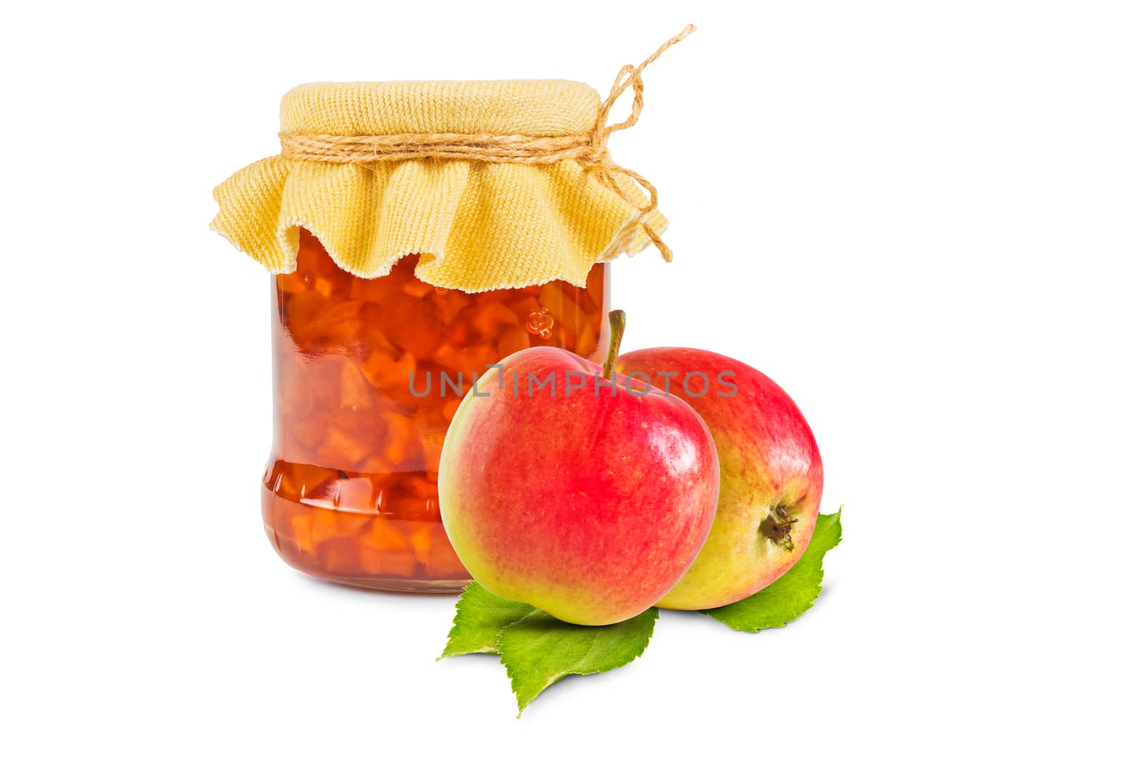 Two Glass jar with apple jam and two fresh apples on white background