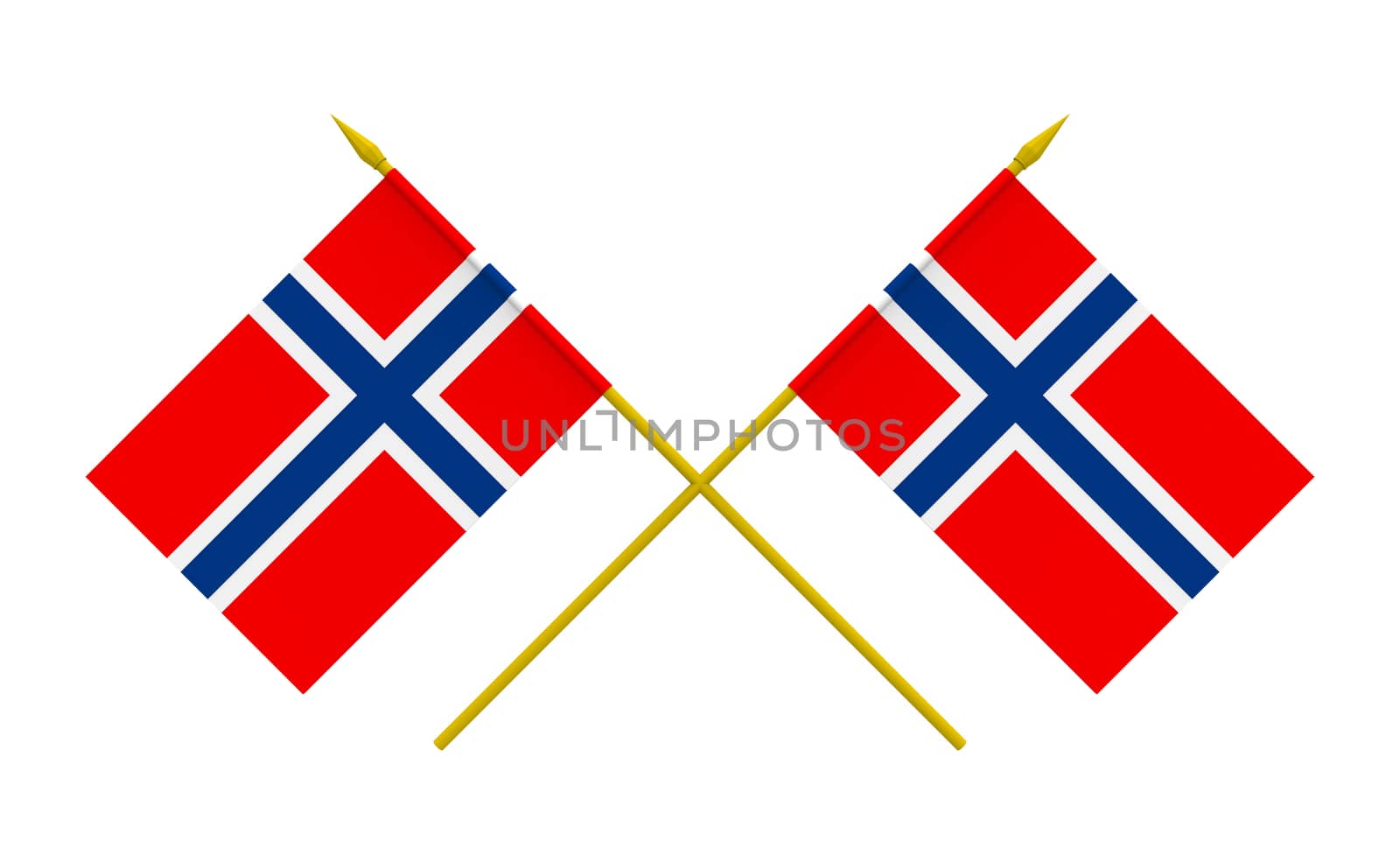 Two crossed flags of Norway, 3d render, isolated on white