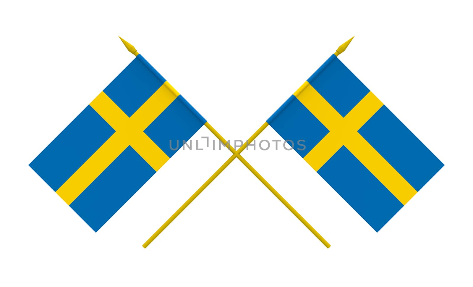 Two crossed flags of Sweden, 3d render, isolated on white