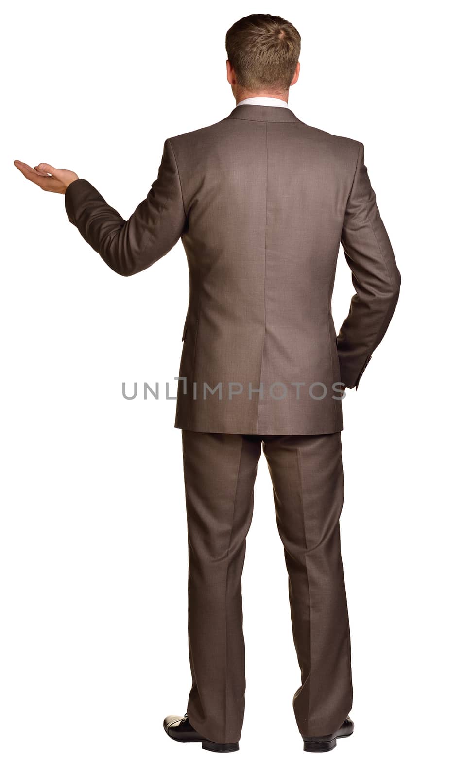 Businessman holds her hand. Rear view. Isolated white background