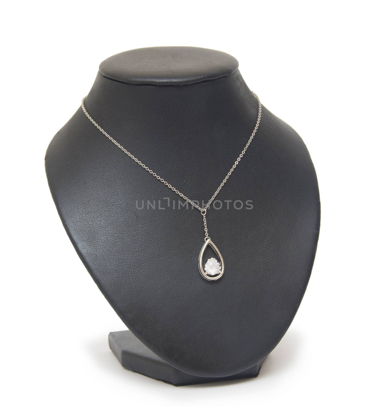 beautiful silver necklace on mannequin isolated on white 