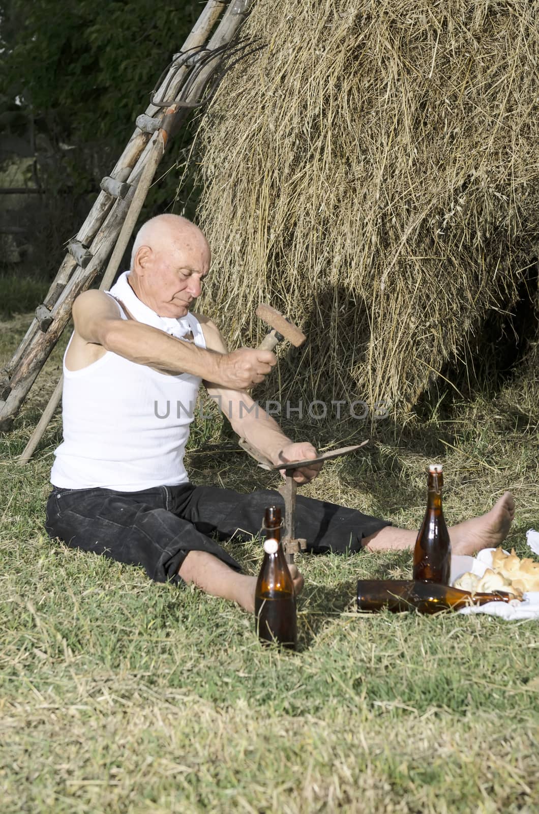Senior farmer using scythe to mow the lawn traditionally.