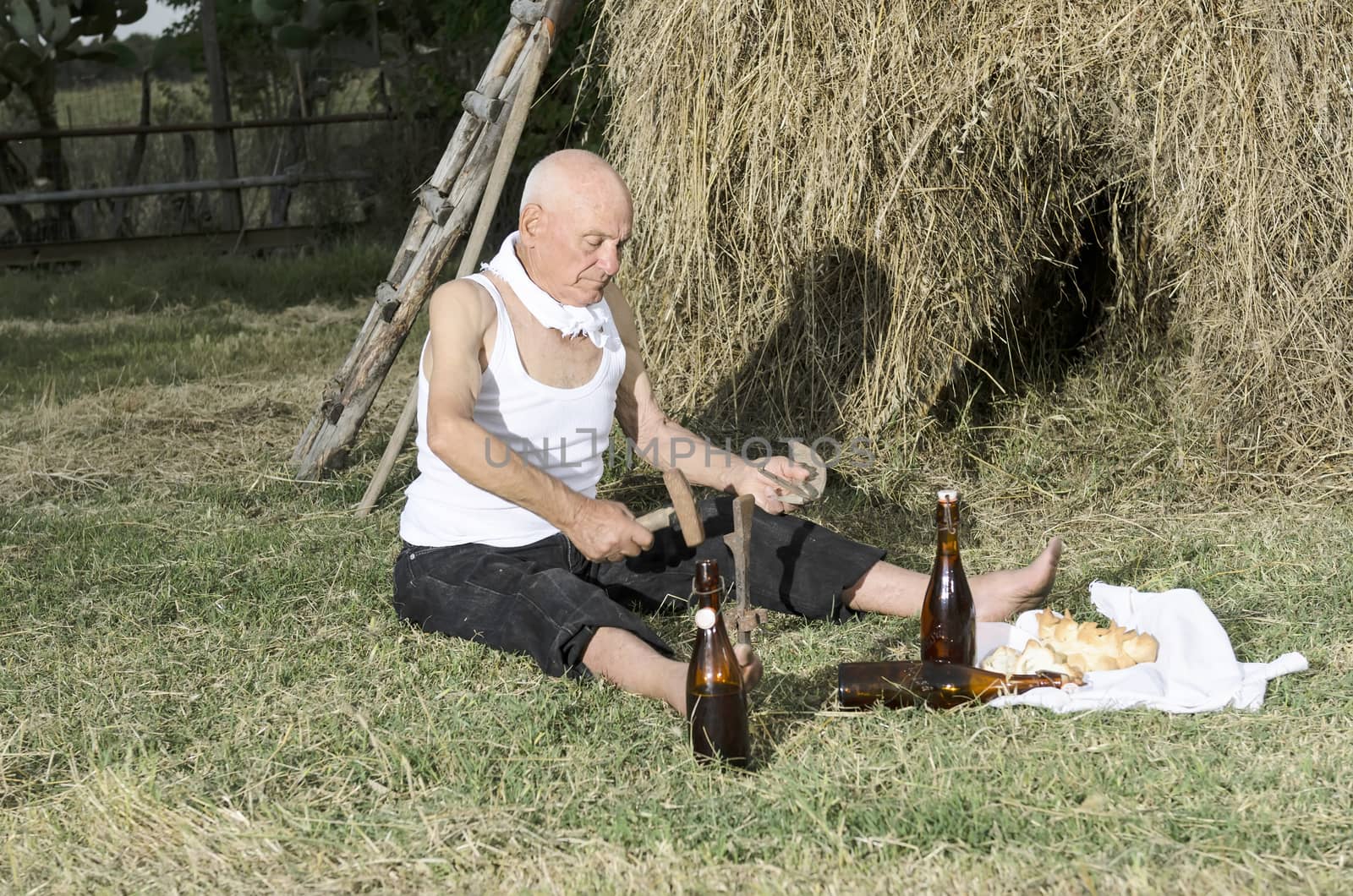 Senior farmer using scythe to mow the lawn traditionally.