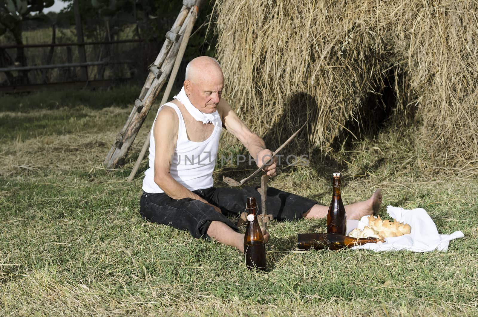 Senior farmer using scythe to mow the lawn traditionally.