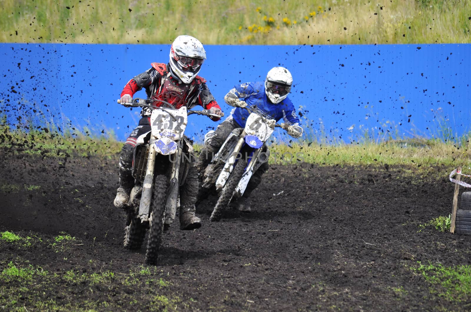 Racers on motorcycles participate in cross-country race competitions. 02.08.2014, Tyumen