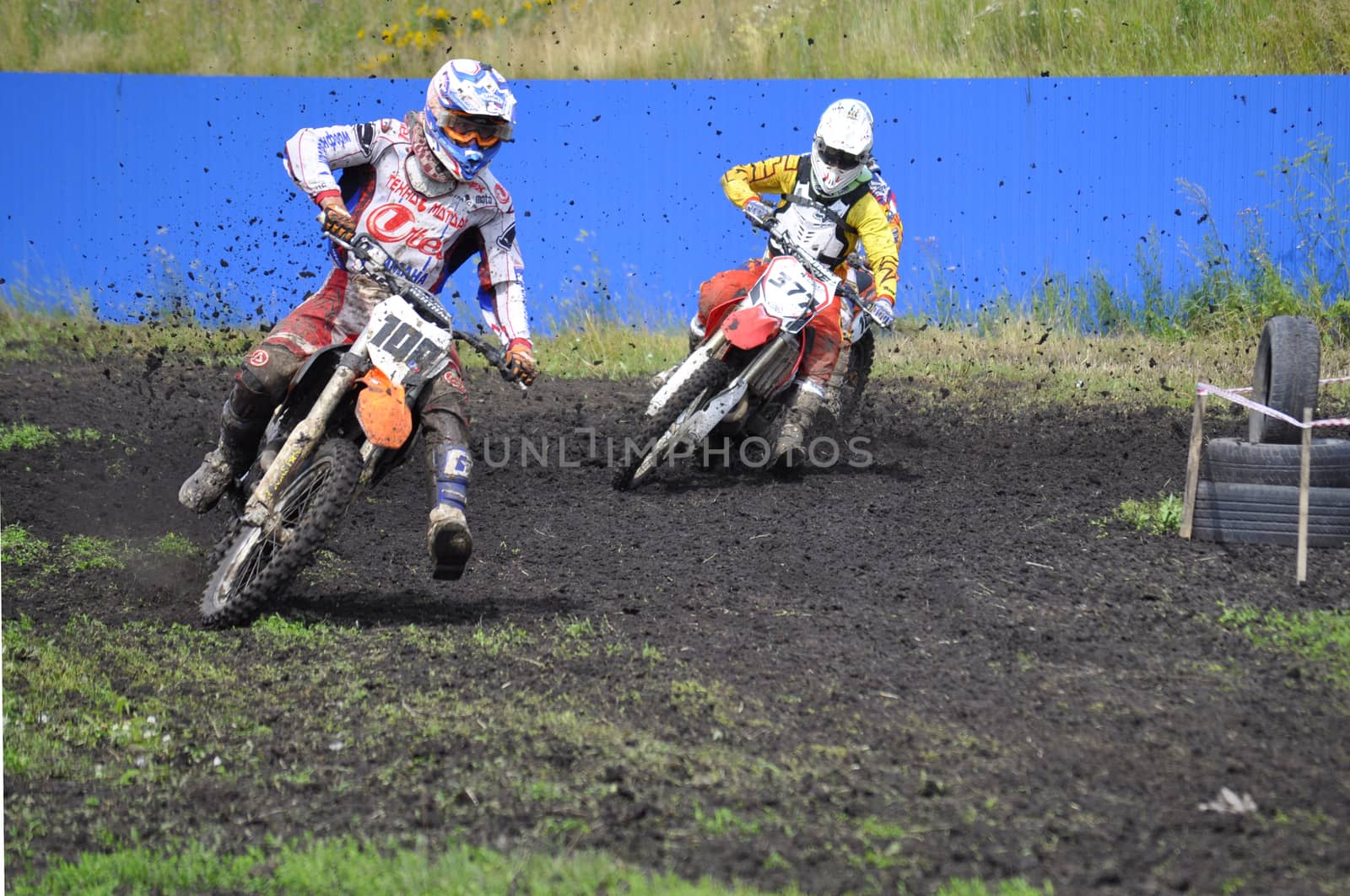 Racers on motorcycles participate in cross-country race competitions. 02.08.2014, Tyumen