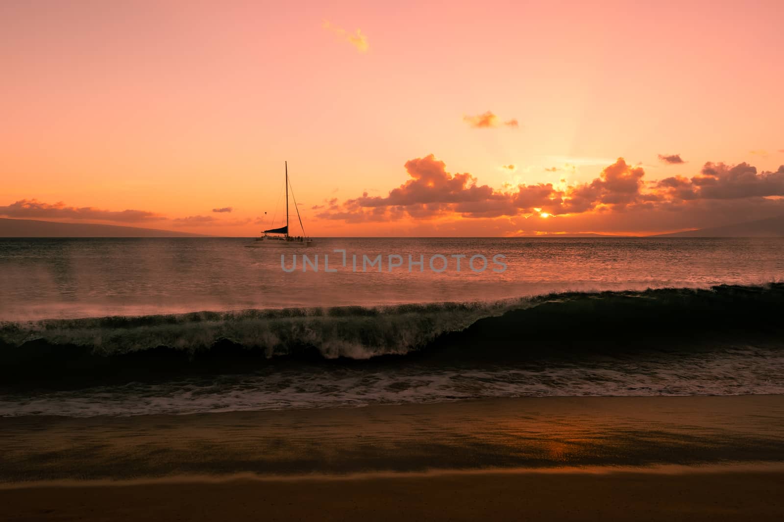 Sailboat on the ocean with wave at sunset by chentim