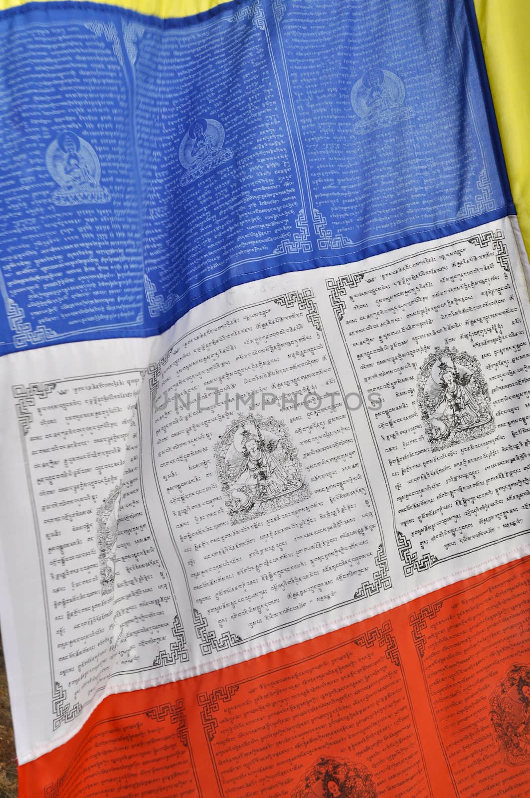 Close-up view of a Buddhist flag with sacred writing, Keylong 