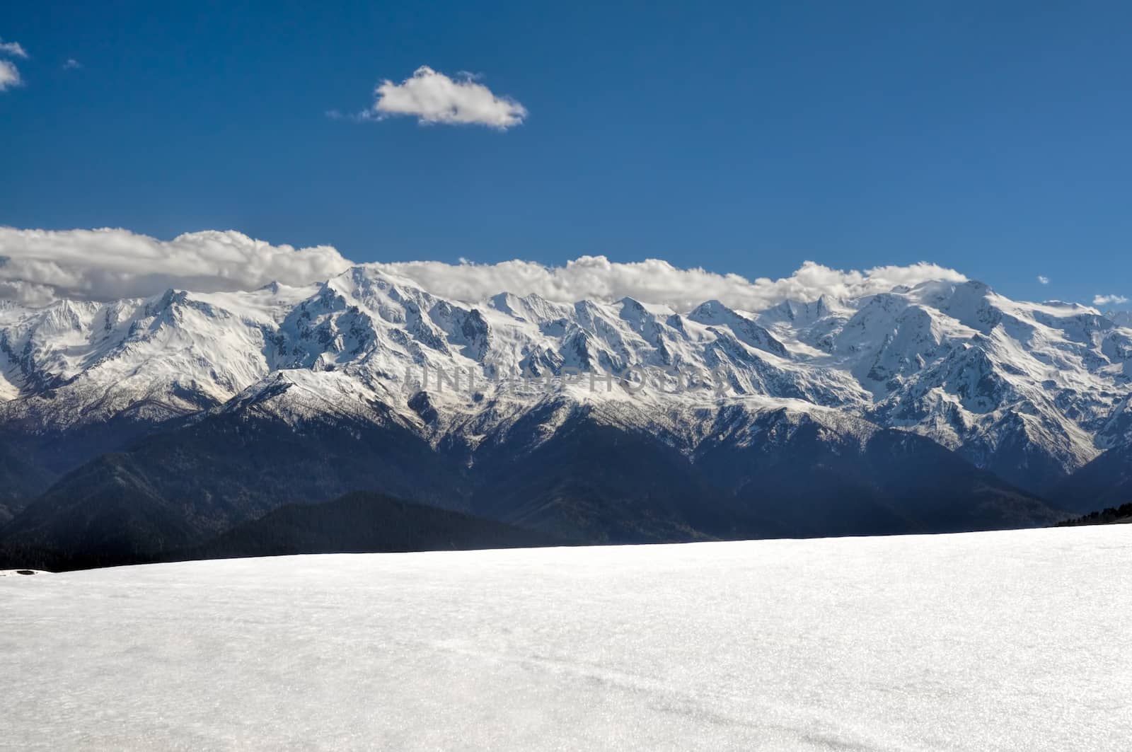 Panoramic view of peaks of Caucasus Mountains covered in snow, Svaneti Province