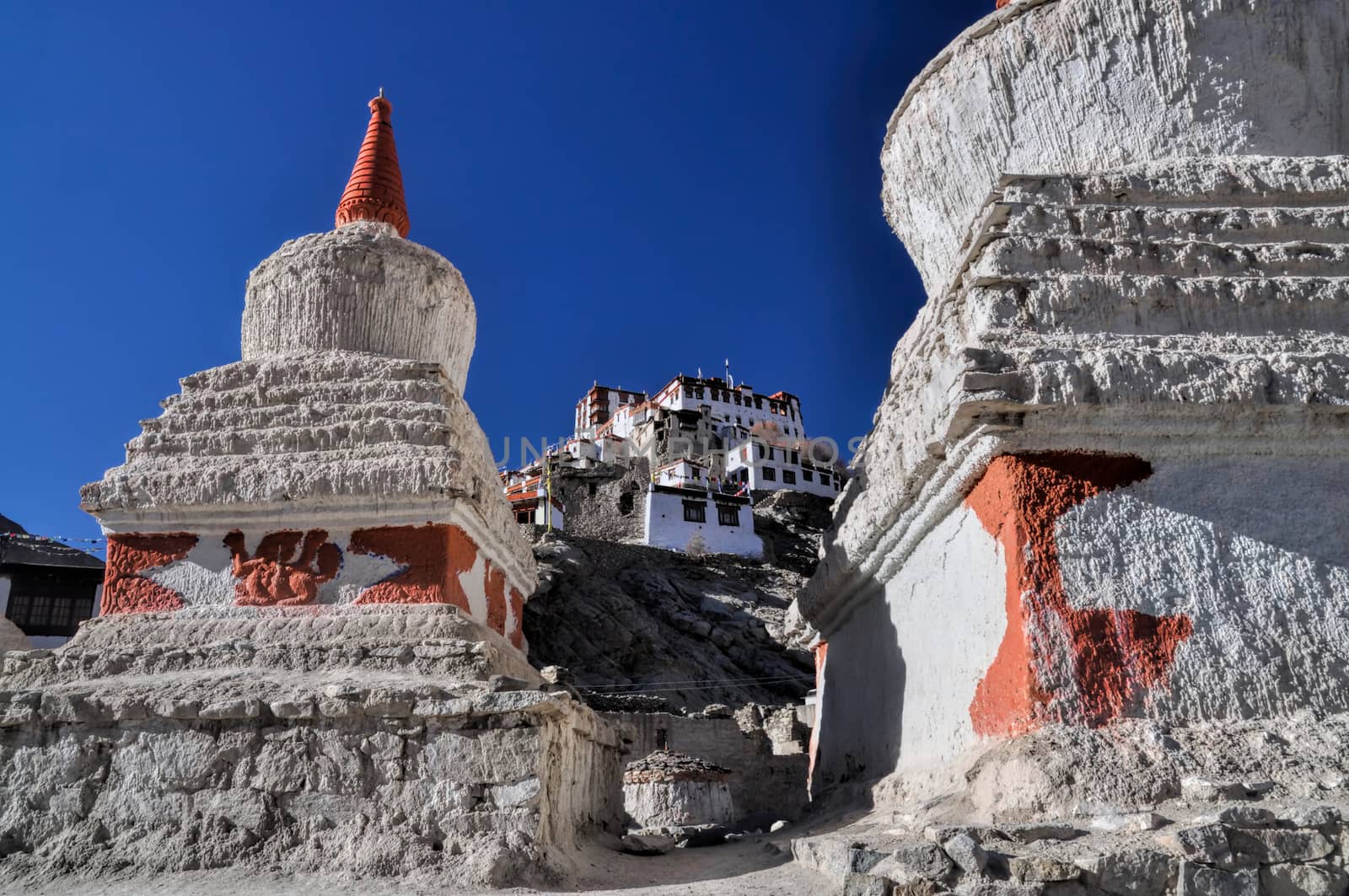 Sunlit stone monuments of Chemrey monastery in Ladakh  