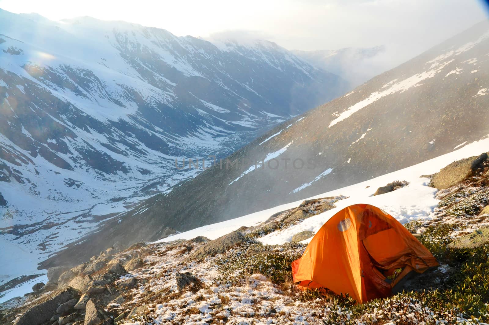 Tent on the slopes of Kackar Mountains in Turkey bathing in sunlight