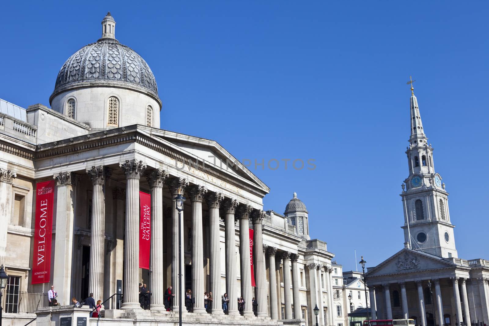 The National Gallery and St Martin in the Fields church in London.