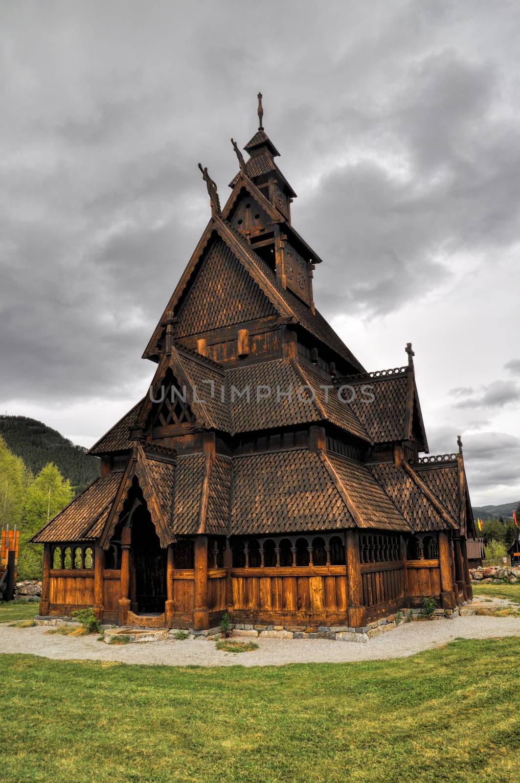 Scenic front view of Gol, wooden church in Norway   