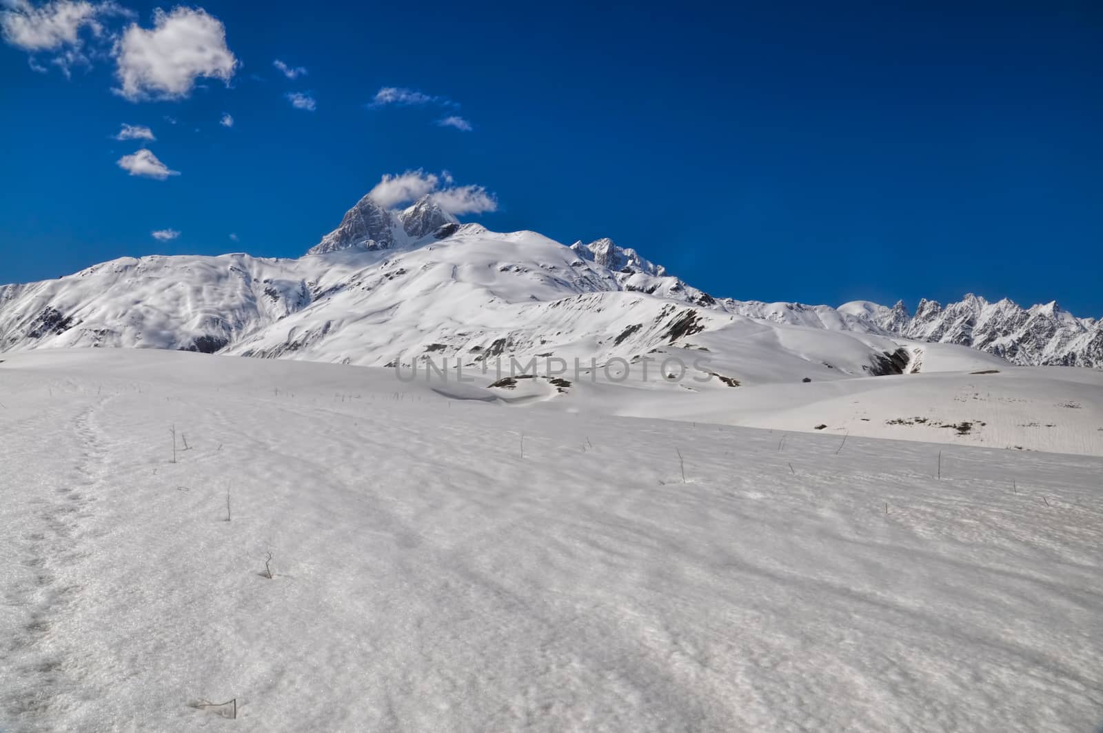 Panoramic view of a snow covered mountain slope in Svaneti province