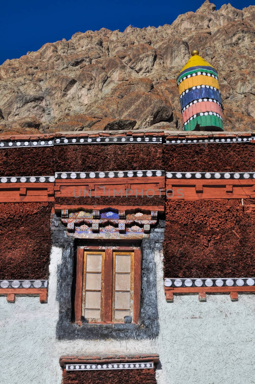 Close-up view of Hemis monastery built into a mountain