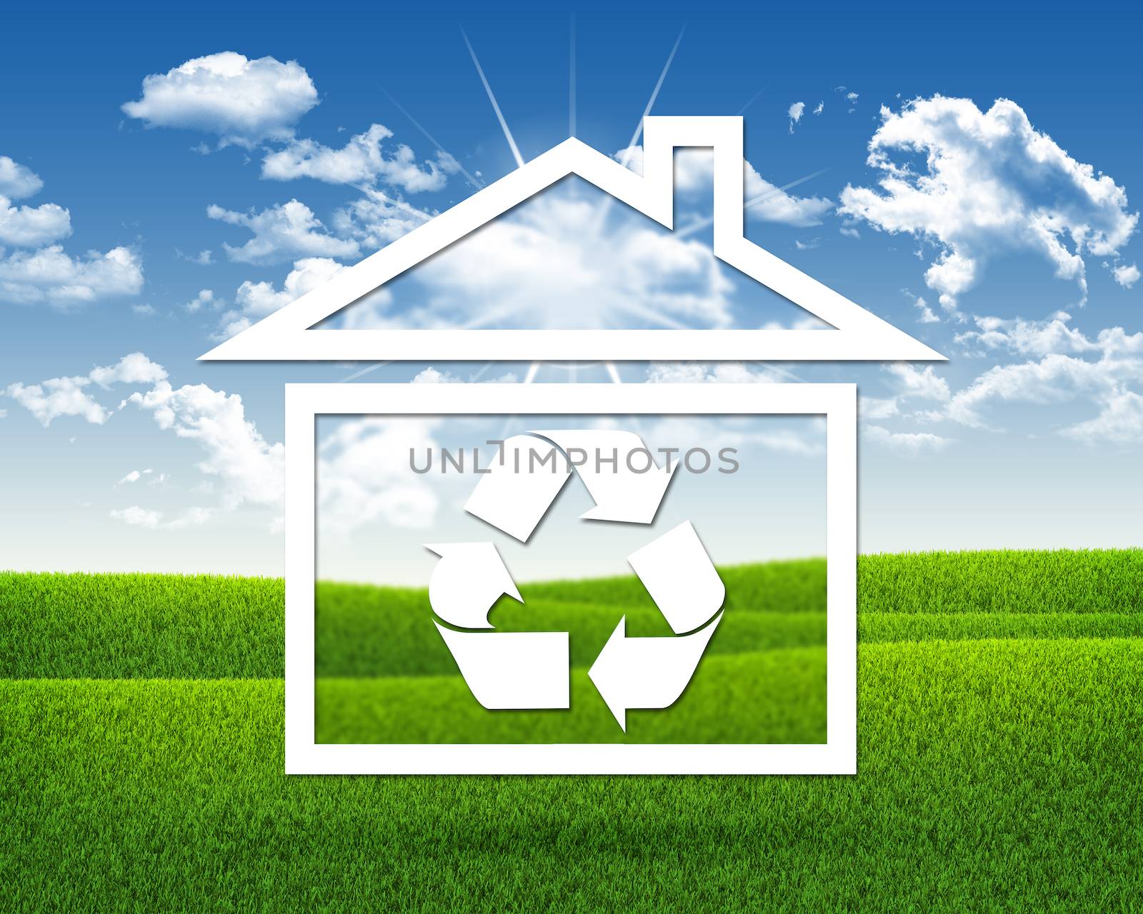 House icon with symbol recycling. Green grass and blue sky as backdrop