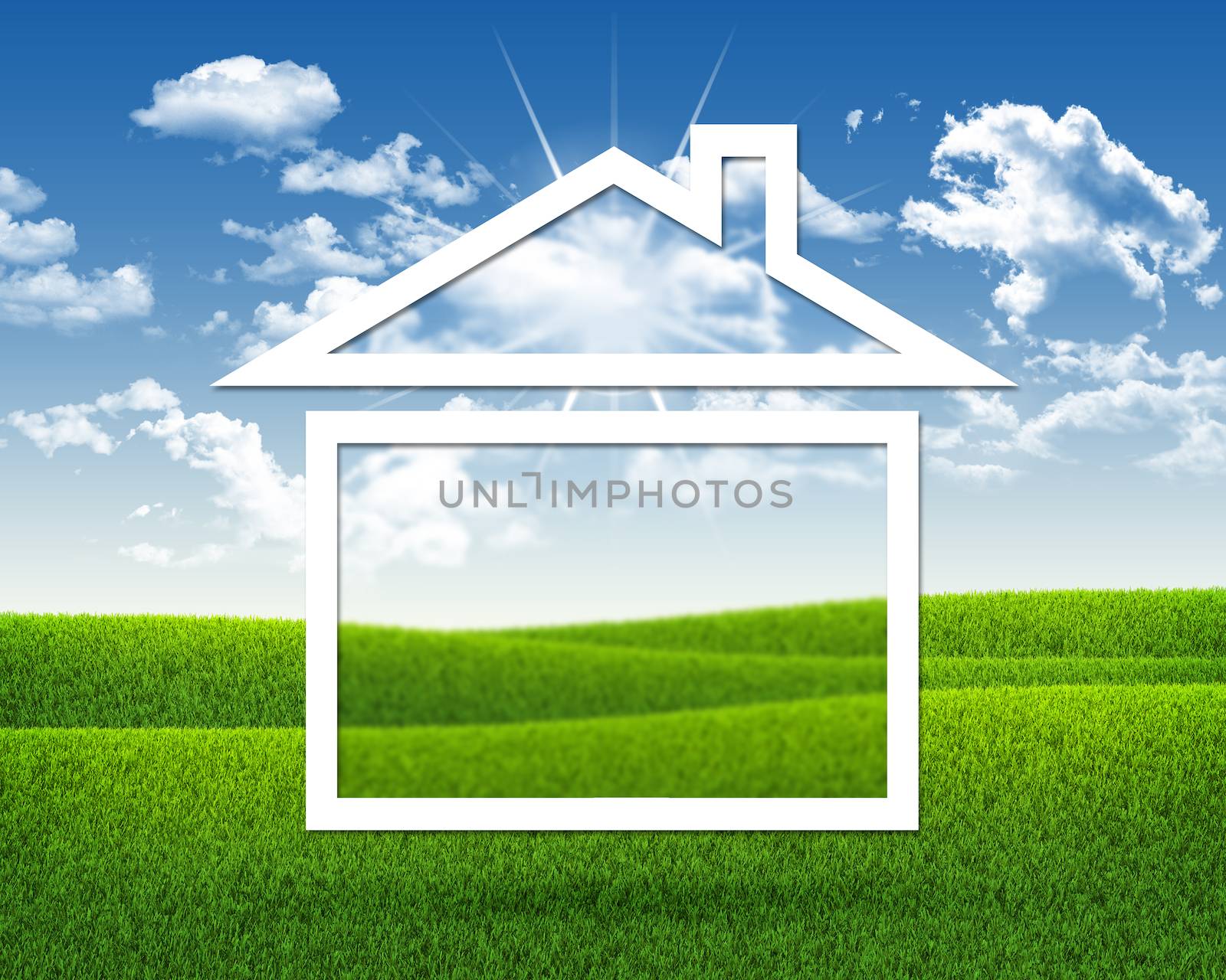 House icon on background of green grass and blue sky. Business concept