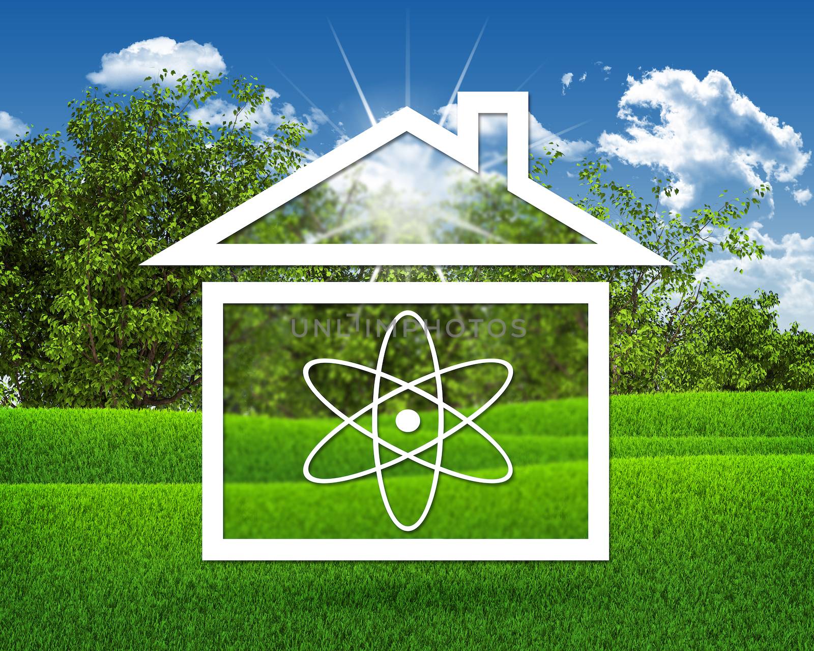 House icon with symbol of science. Green grass and blue sky as backdrop