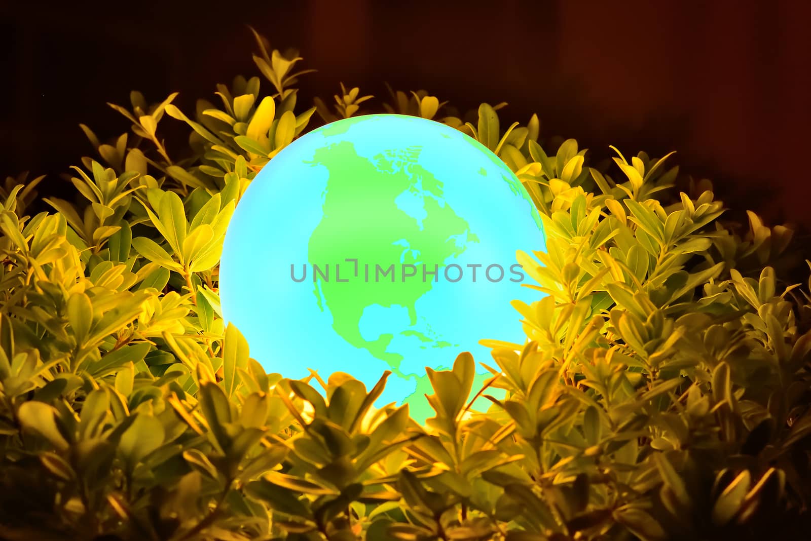 Glowing Earth through leaves and branches. Abstract background