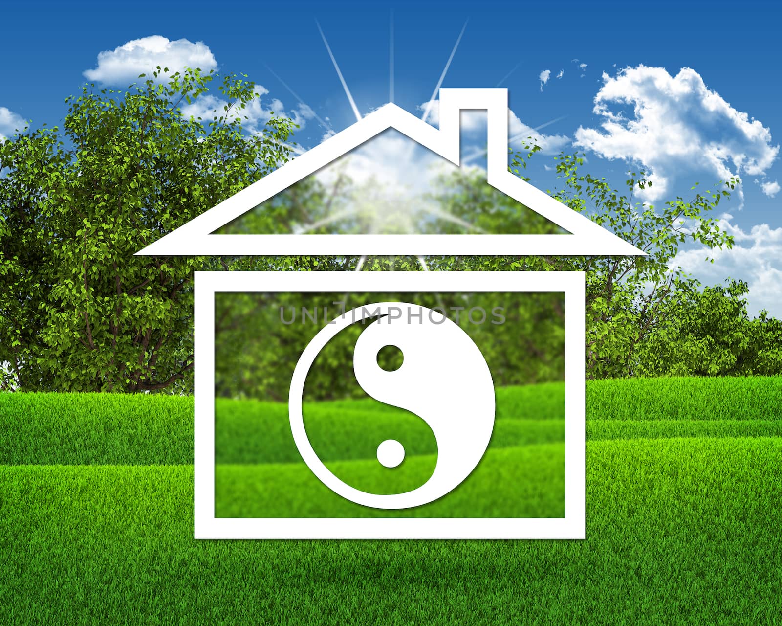 House icon with symbol of yin-yang. Green grass and blue sky as backdrop