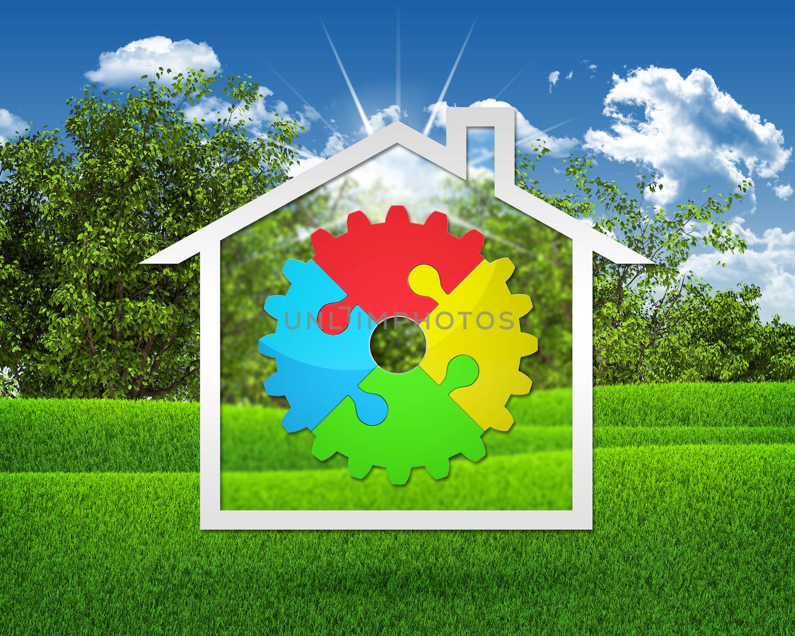 House icon with gear of puzzles. Green grass and blue sky as backdrop