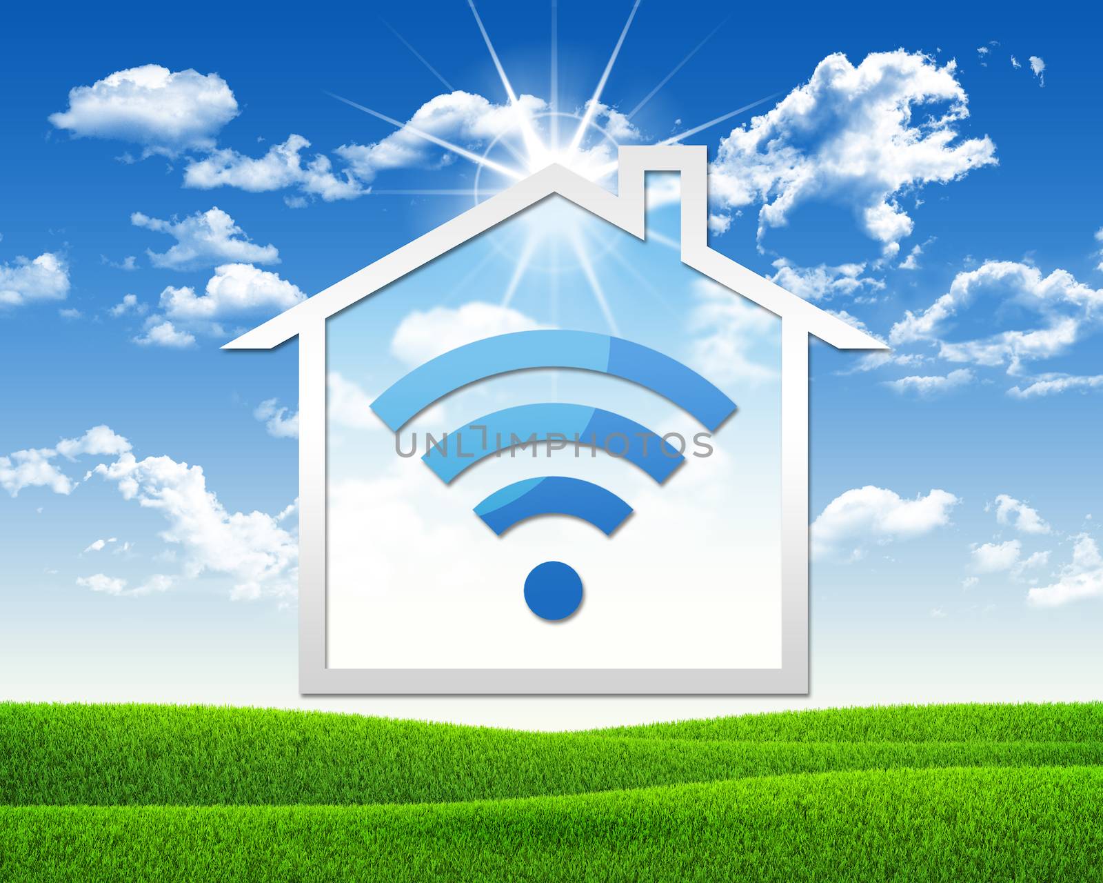 House icon with wi-fi symbol. Green grass and blue sky as backdrop