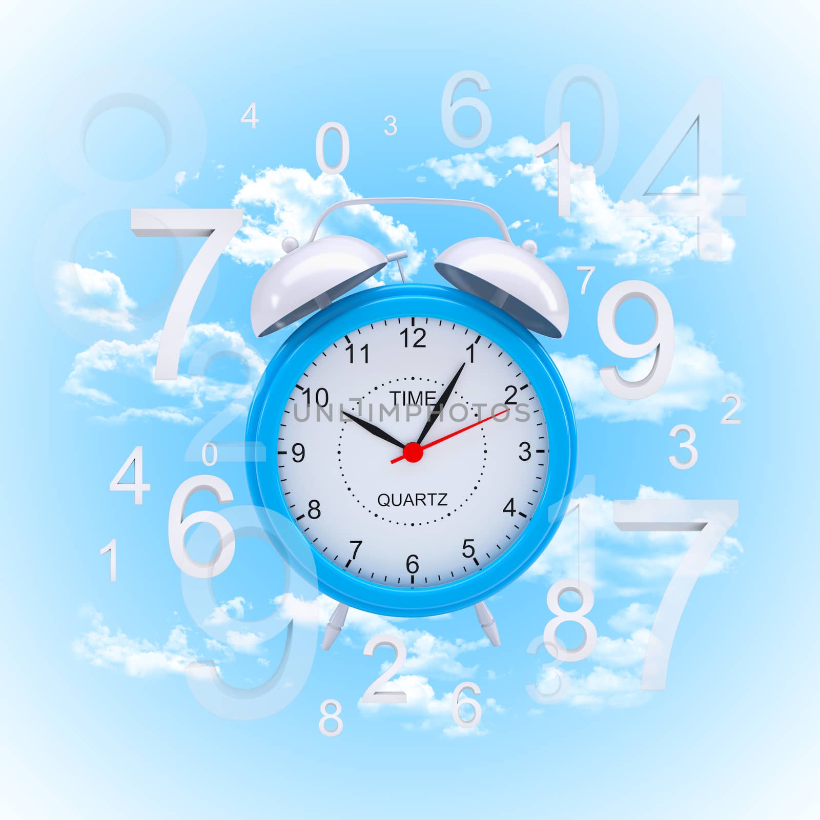 Alarm clock with figures. Sky and clouds as backdrop