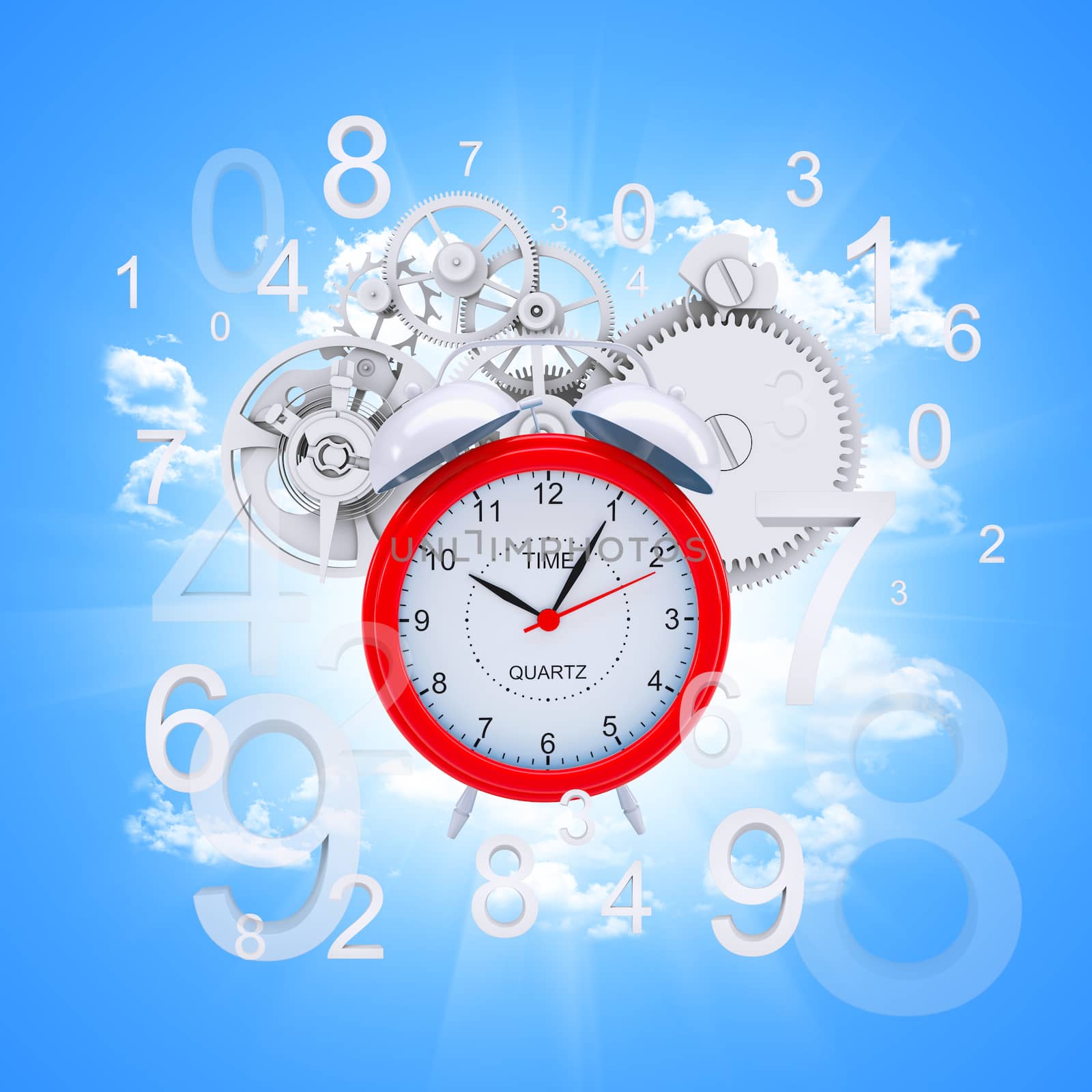 Alarm clock with figures and white gears. Blue background