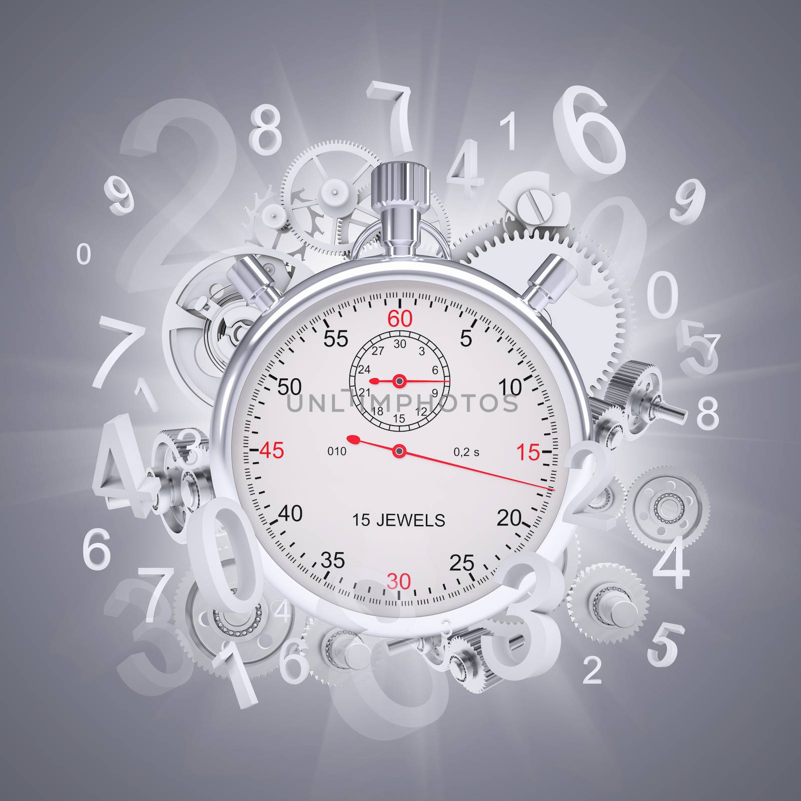 Stopwatch with figures and gears. Gray background