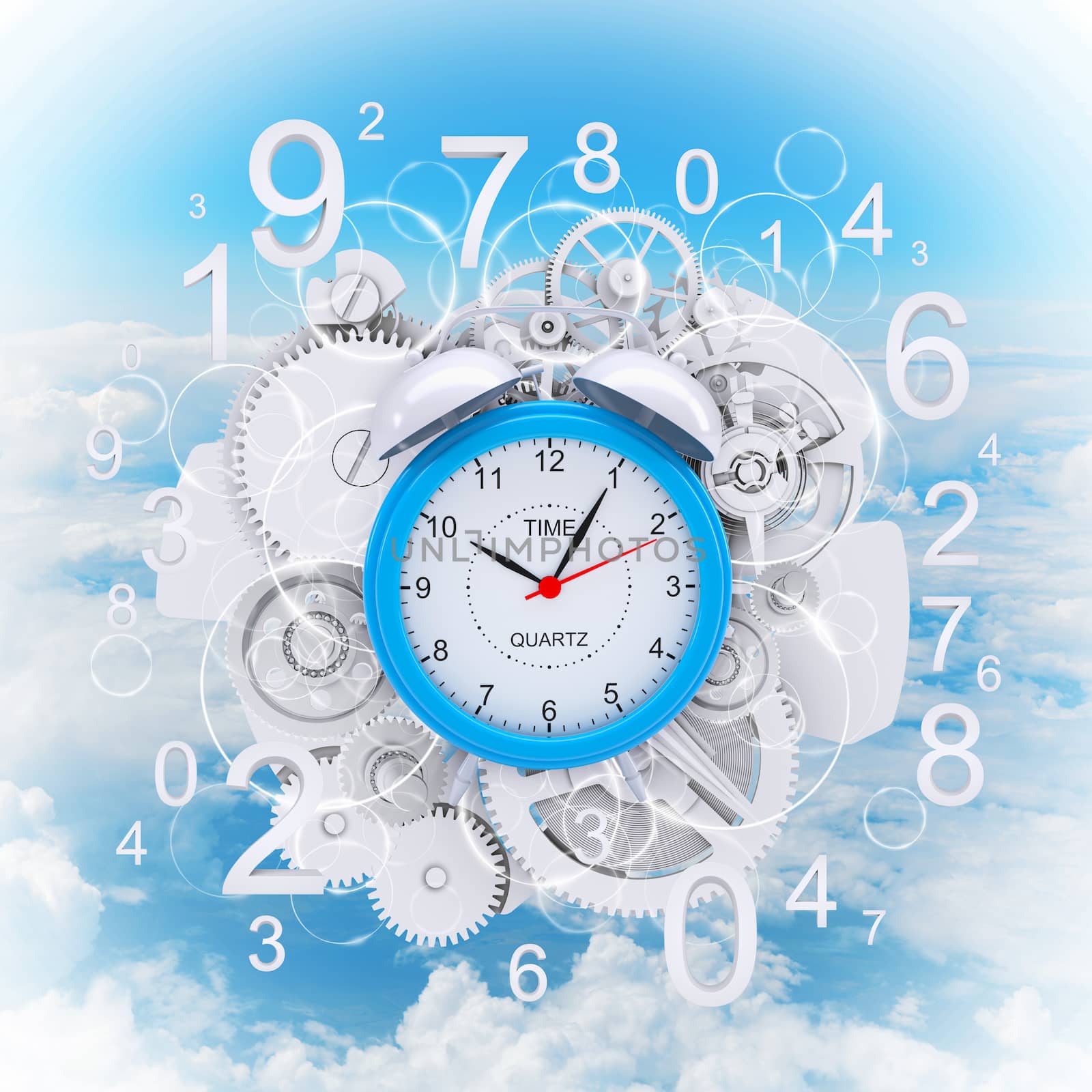 Alarm clock with figures and white gears. Sky background