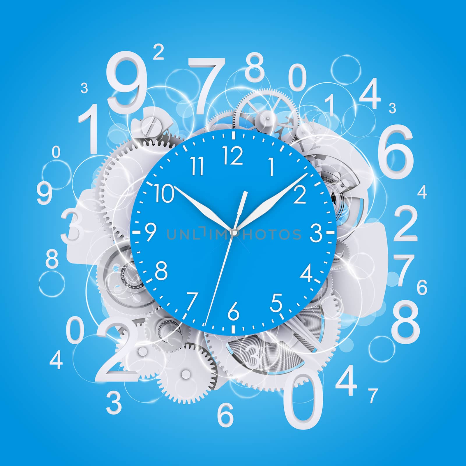 Clock face with figures and white gears. Green background