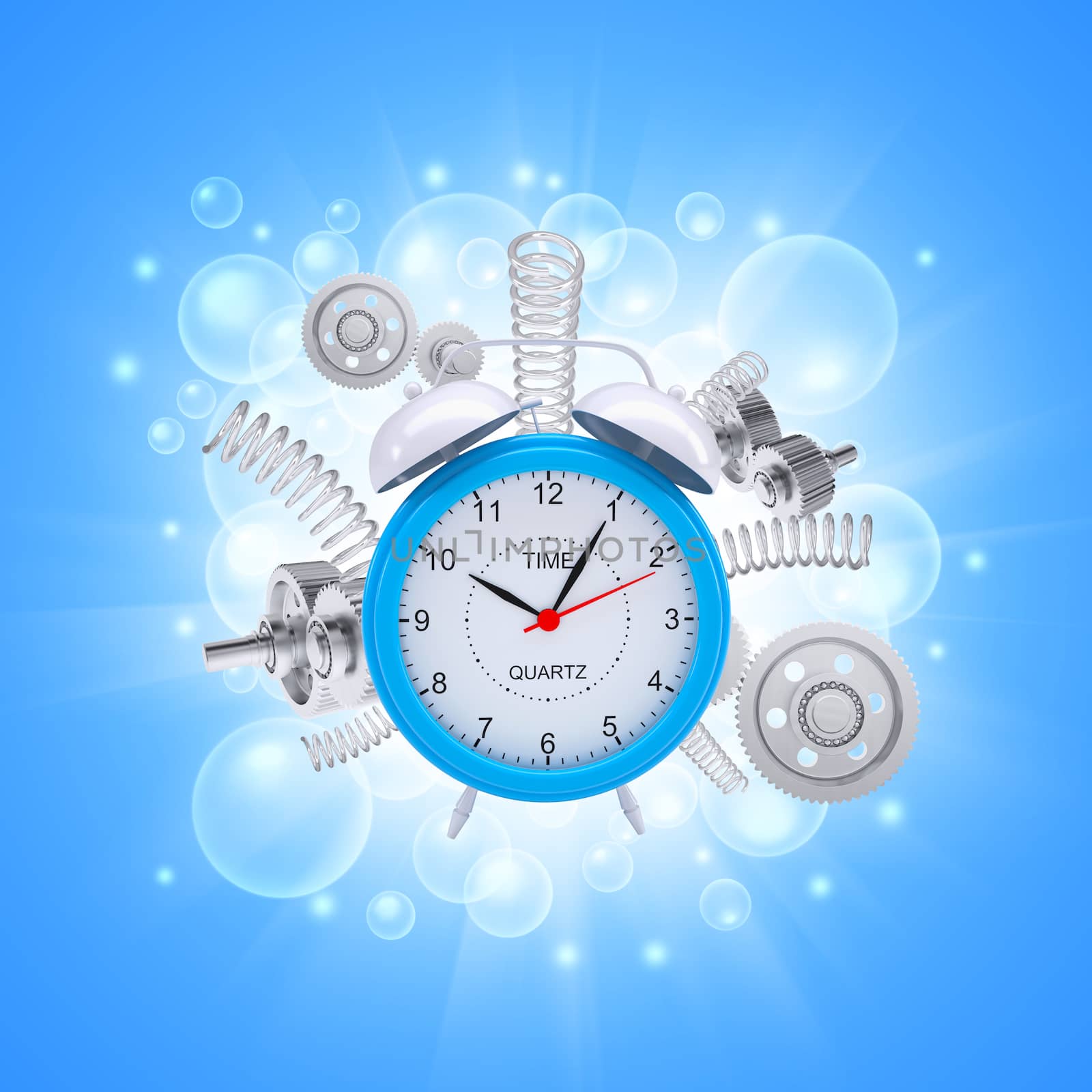 Alarm clock with springs and white gears. Blue background